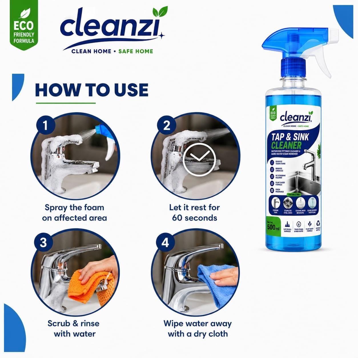 Cleanzi Tap & Sink Cleaner | Hard Water Stain Remover | Bathroom Cleaner Spray | Limescale Remover | 500ml - Image 7