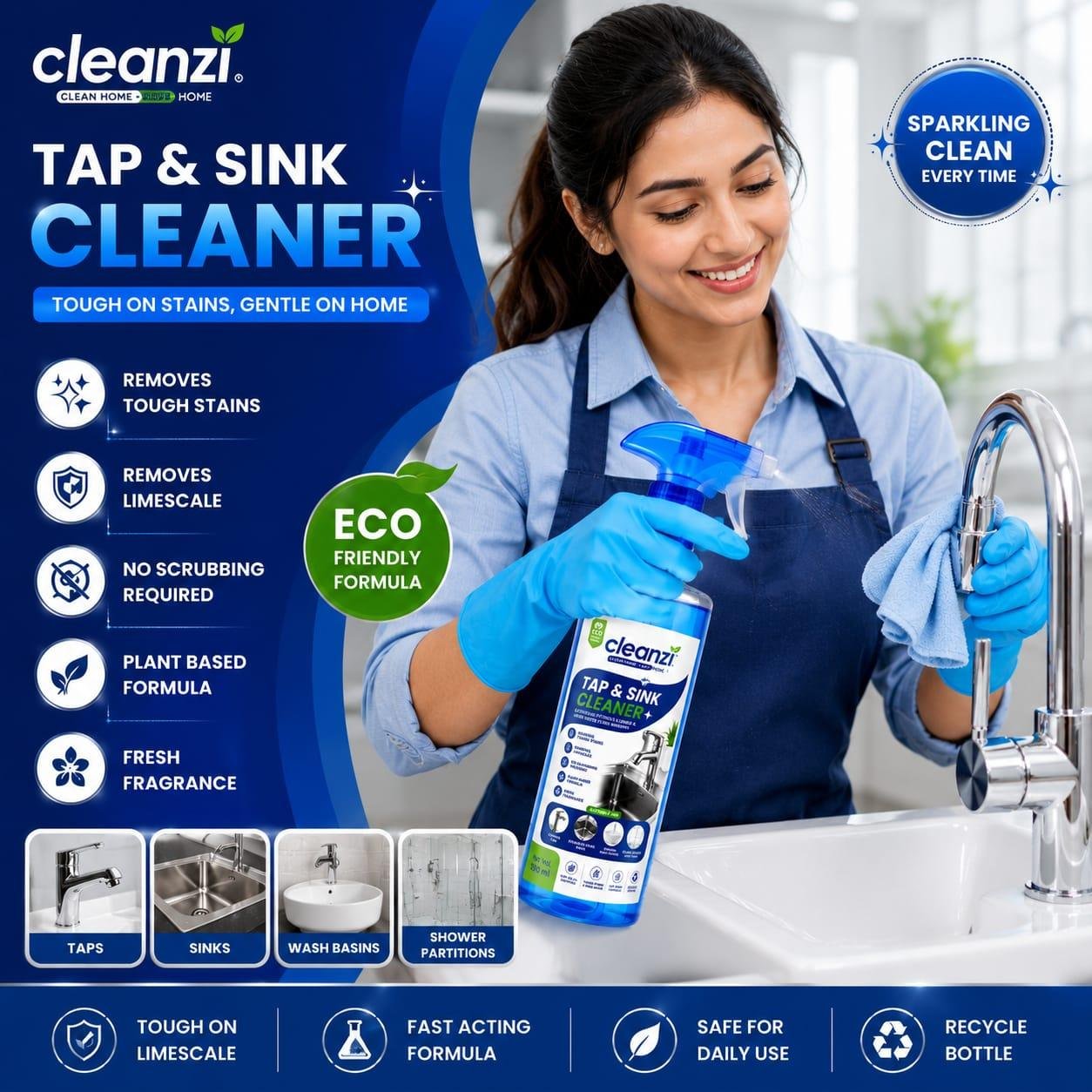 Cleanzi Tap & Sink Cleaner | Hard Water Stain Remover | Bathroom Cleaner Spray | Limescale Remover | 500ml - Image 8