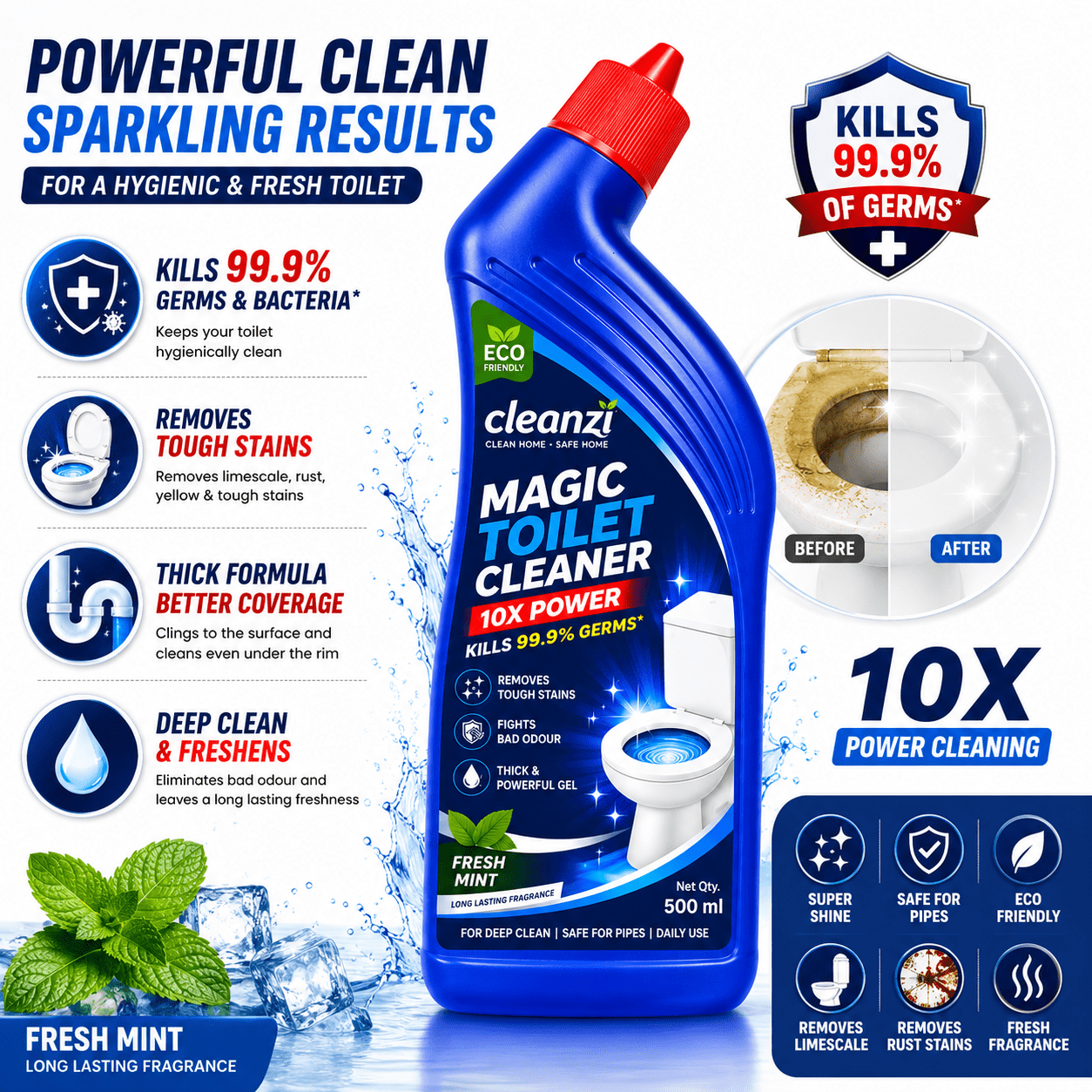 Cleanzi Toilet Cleaner – Powerful Toilet Bowl Cleaner | Removes Tough Stains & Kills 99.9% Germs - Image 3