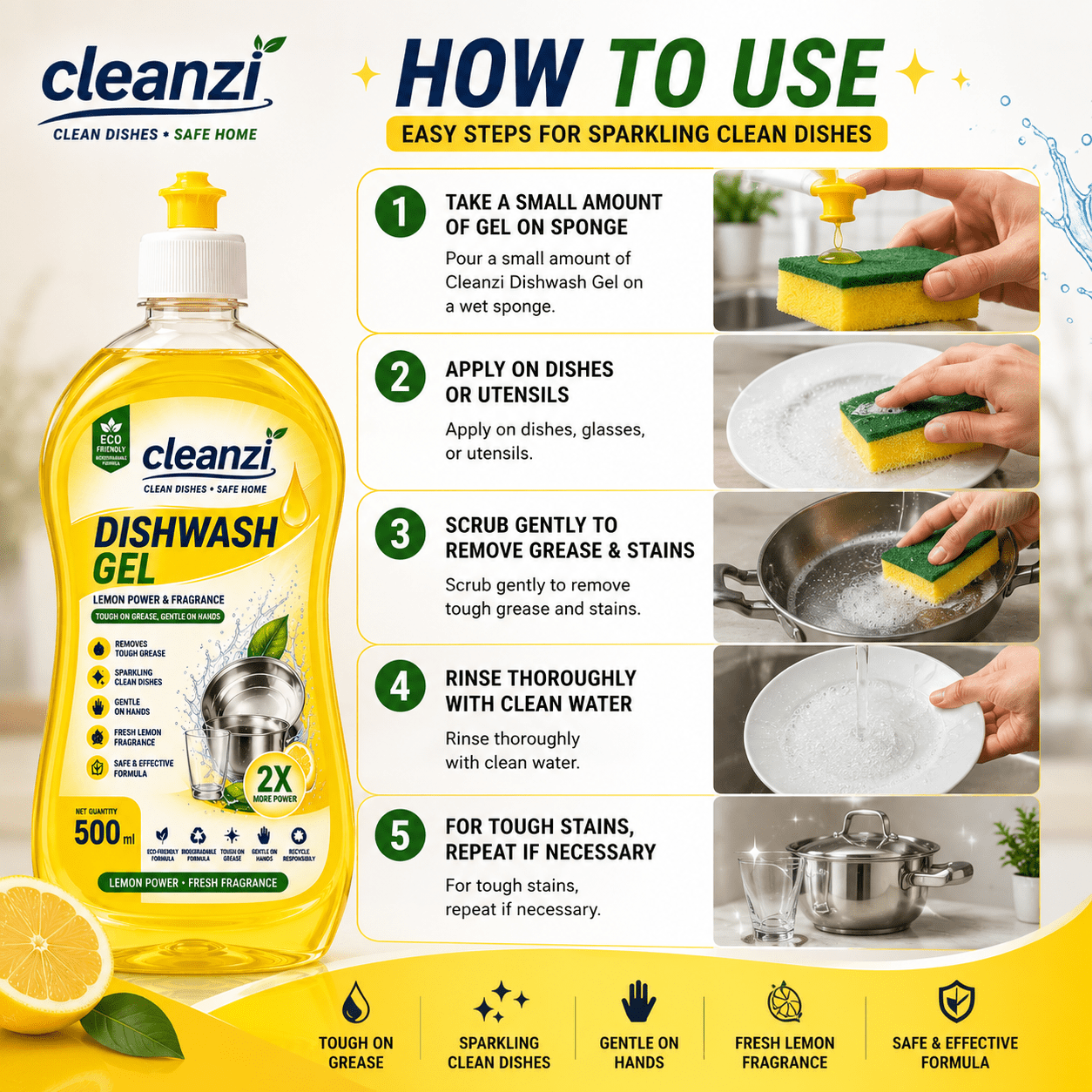 Cleanzi Dishwash Gel | Lemon Dishwashing Liquid for Tough Grease - Image 4