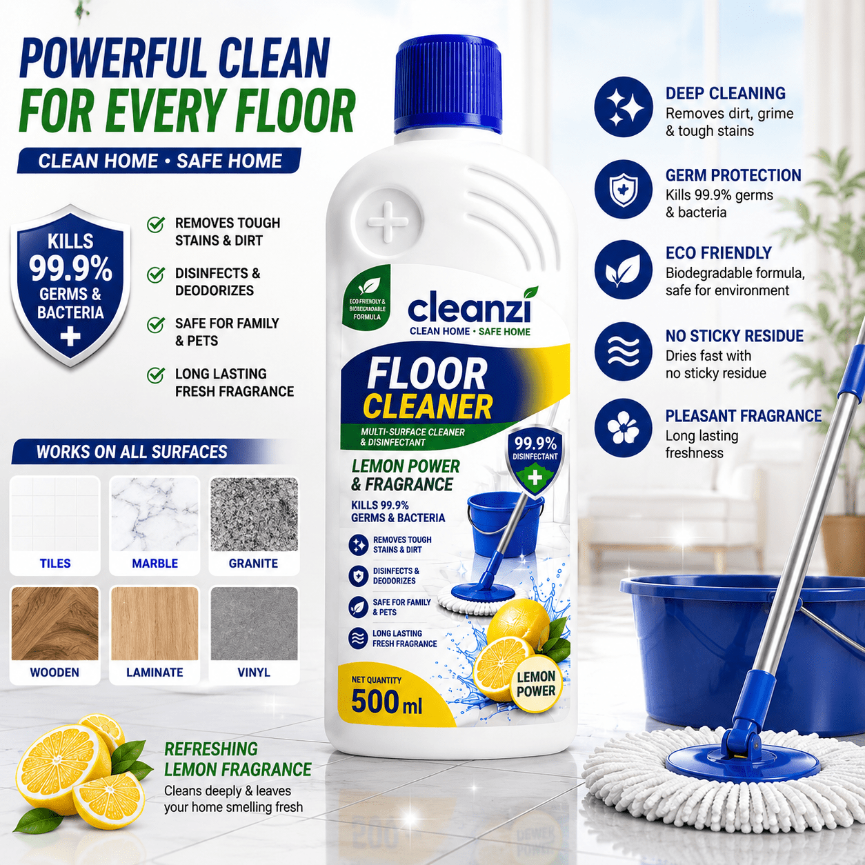Cleanzi Floor Cleaner – Lemon Power Multi-Surface Floor Cleaning Liquid | Kills 99.9% Germs & Bacteria - Image 4