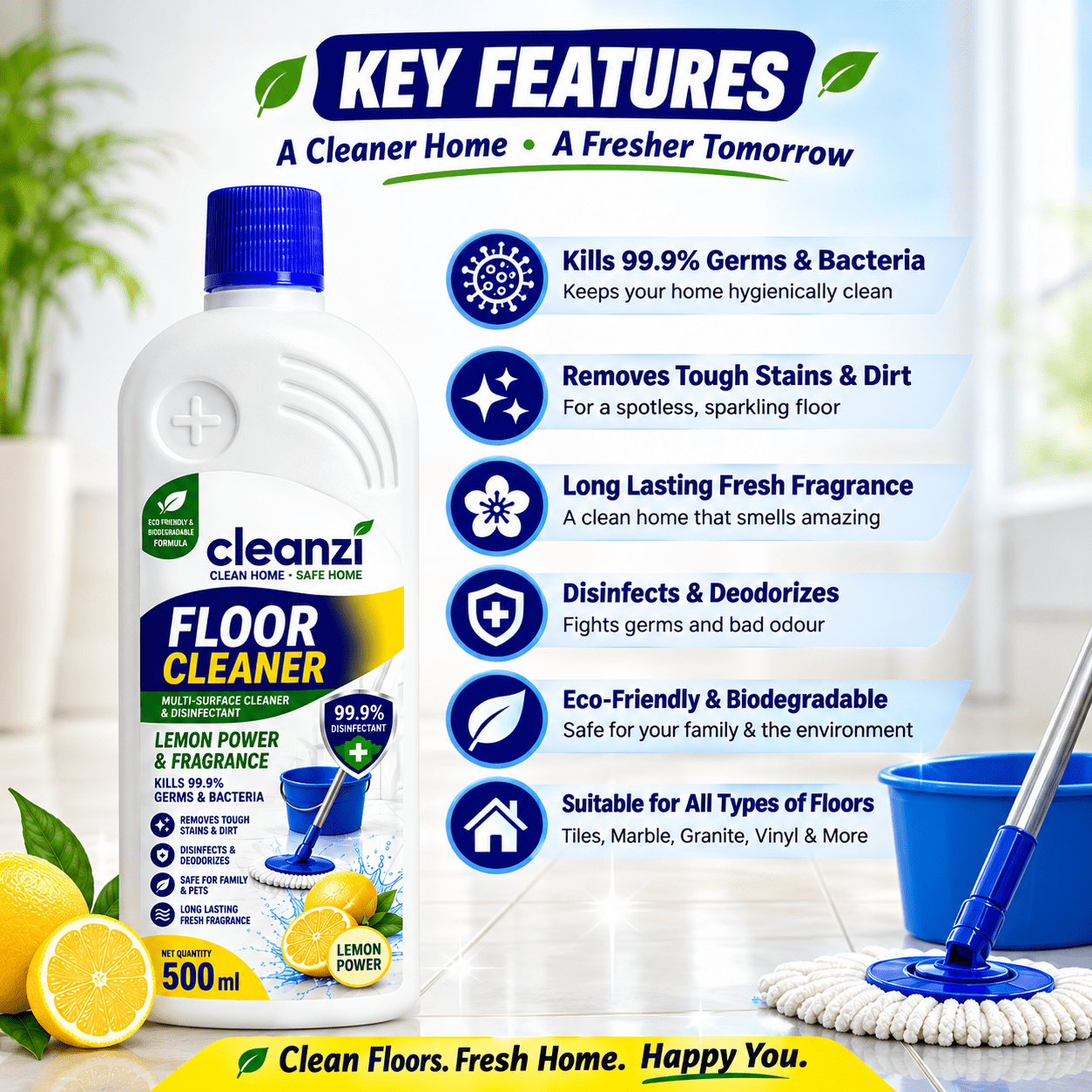 Cleanzi Floor Cleaner – Lemon Power Multi-Surface Floor Cleaning Liquid | Kills 99.9% Germs & Bacteria - Image 5
